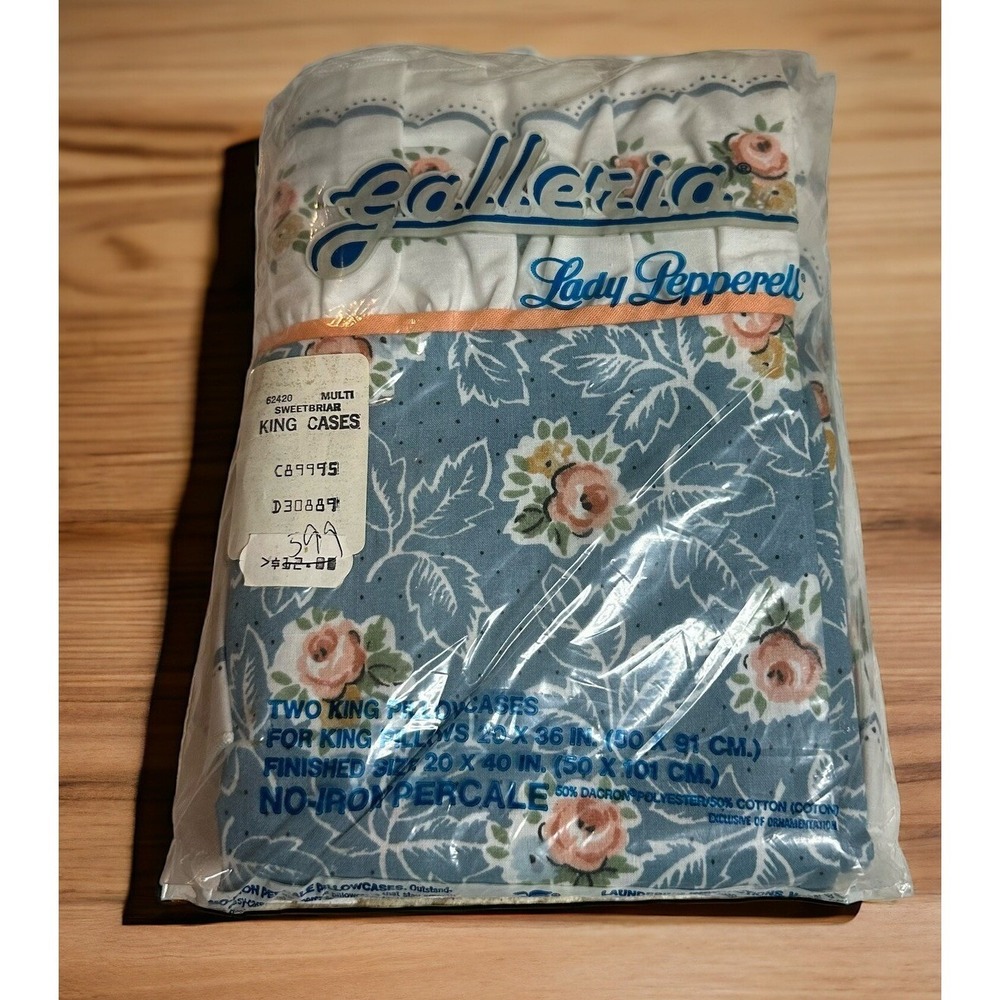Vintage Lady Pepperell No Iron Percale King Pillowcases Blue Floral NEW NOS